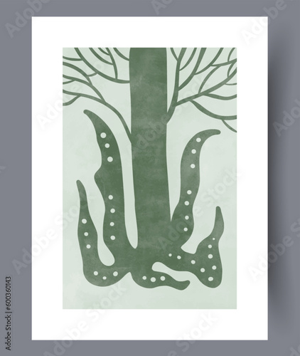 Abstract tree underground roots wall art print. Printable minimal abstract tree poster. Wall artwork for interior design. Contemporary decorative background with roots.