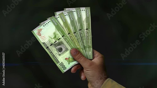 Sri Lanka rupee money holding. Fan of banknotes in hand. LKR paper cash. Concept of income, success, business, tax, economy and finance.