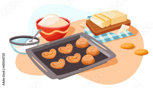 Buns and cookies on a baking sheet. Baking Ingredients. Homemade cakes. Cartoon flat vector illustration. photo