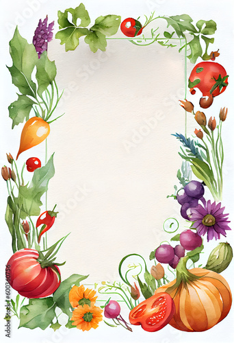 Watercolor illustration with different vegetables. Postcard with borders and space for text. Generative AI