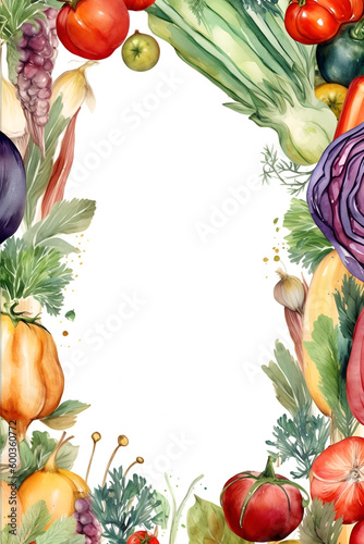 Watercolor illustration with vegetables and space for text. Generative AI
