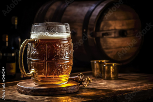 Mug of beer with wheat, barley and barrels on background. Still life. Copy space. Ai generated