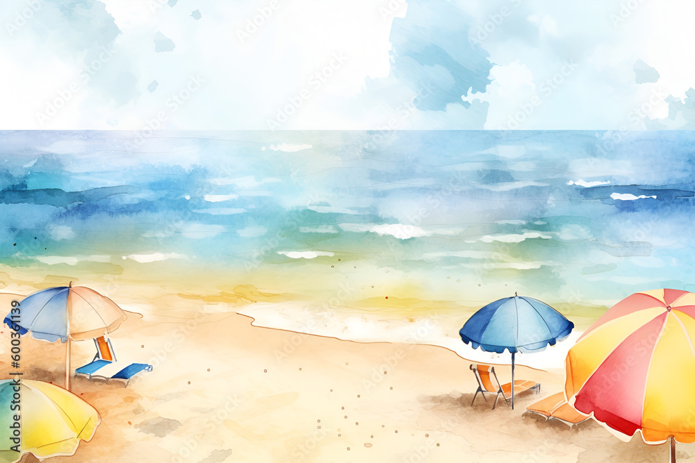 Watercolor Illustration of a summer beach with chaise-longues and sun umbrellas. Generated AI