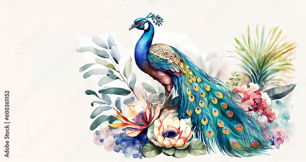 Fototapeta premium Peacock in aquarelle style, watercolor illustration, ai generated