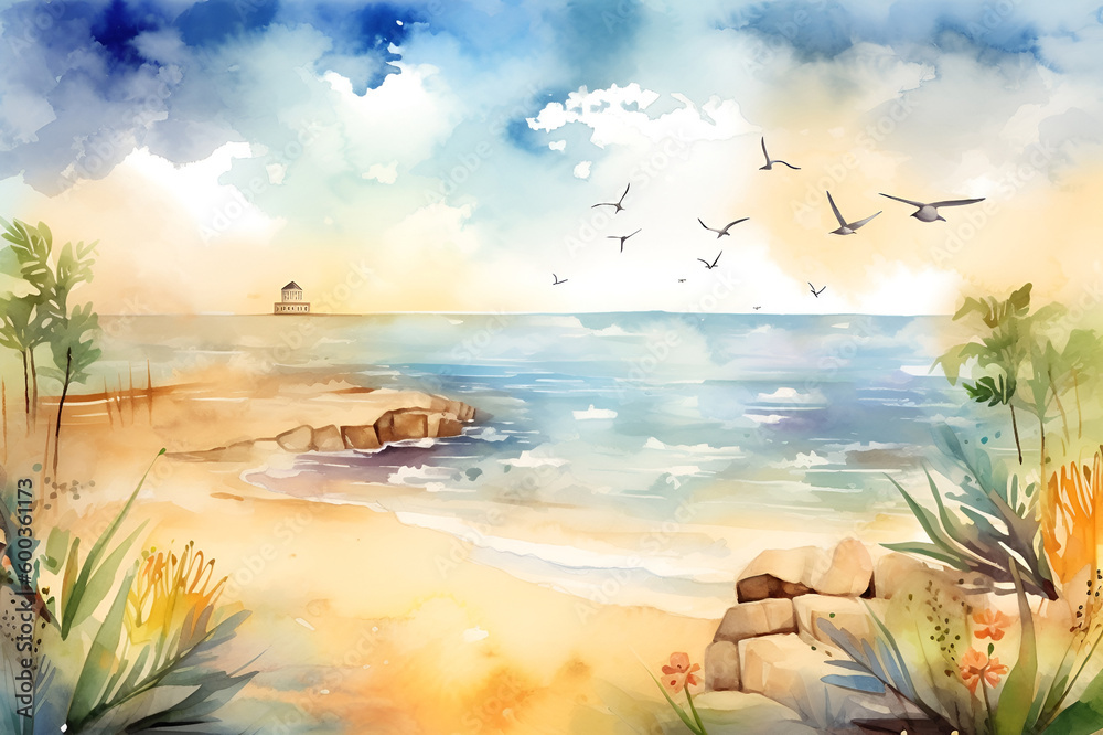 Watercolor illustration of a wild summer beach with flying birds. Generated AI