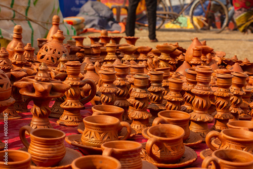 Beautiful Bengali traditional terracotta pots, works of handicraft, for sale during Handicraft Fair in Kolkata. Selective focus.