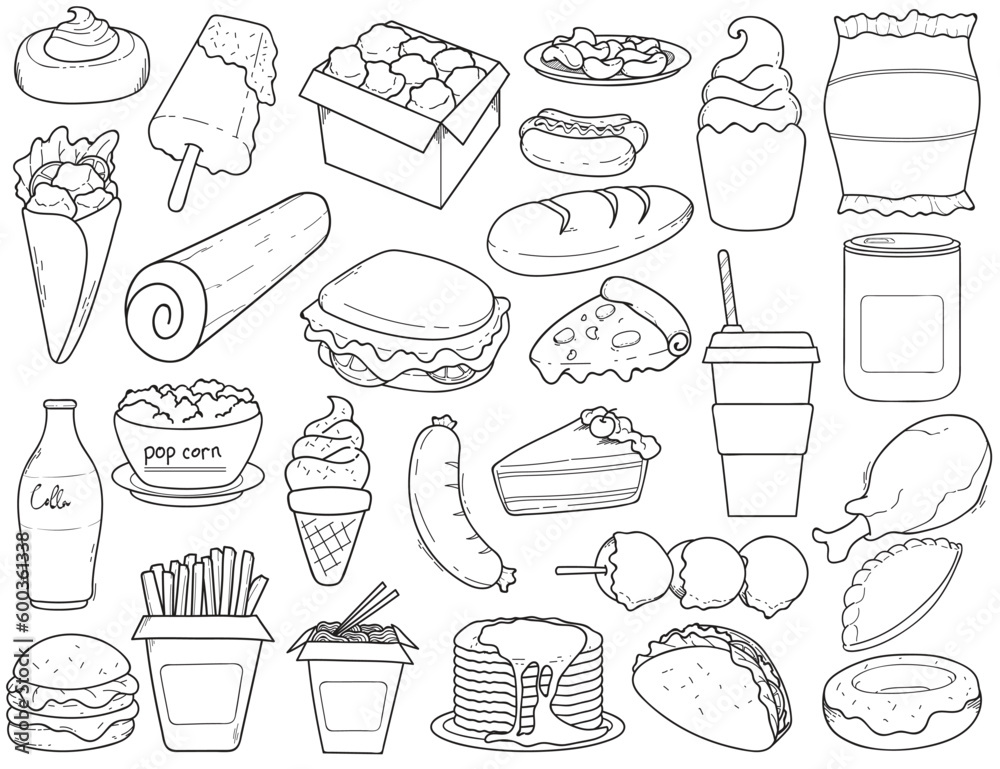 Set of hand-drawn doodle illustrations of fast food
