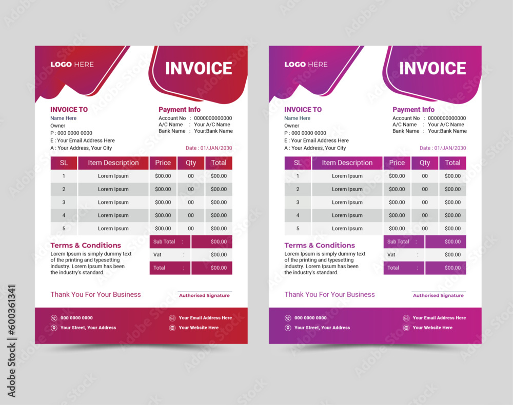 Vector professional and modern invoice template design. Vector professional and modern invoice template design.
