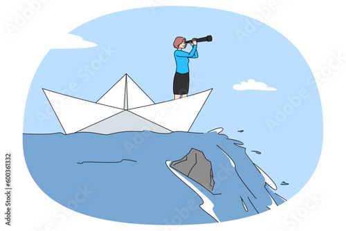 Businesswoman with spyglass in paper ship going to financial crisis or failure. Female employee or worker having problems with finances and career. Bankruptcy and risk. Vector illustration.