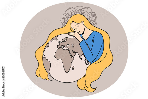 Sad young Ukrainian woman in national colors hug planet Earth stand for peace in Ukraine. Upset girl mourn and grief for land. Stop war, stop Russian aggression. Flat vector illustration.