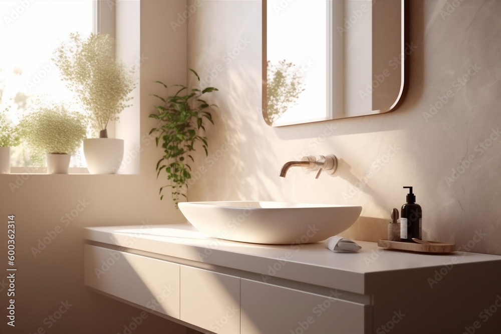 Fototapeta premium counter marble modern sunlight sink faucet interior luxury house bathroom design. Generative AI.