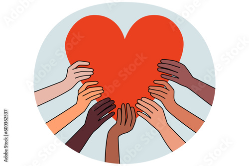 Diverse people hands hold huge heart show care and love to society. Multiracial persons involved in charity or volunteer work help those in need. Global support and aid. Vector illustration.