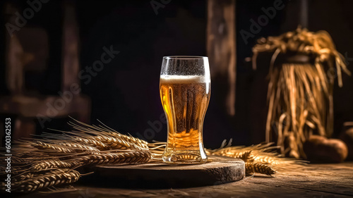 Glass of beer with wheat on wooden background. Ai generated photo