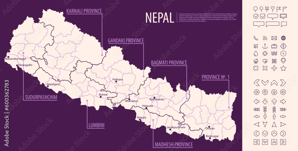 Detailed map of Nepal with administrative divisions on dark background ...