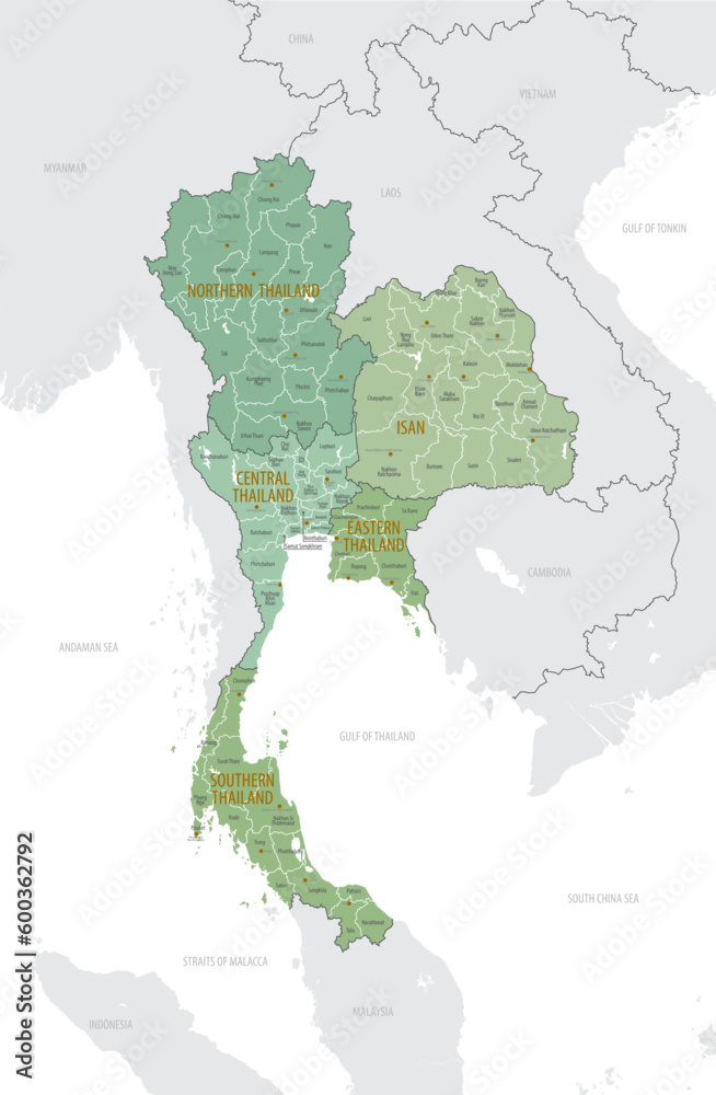 Fototapeta premium Detailed map of Thailand with administrative divisions into regions and provinces, major cities of the country, vector illustration onwhite background