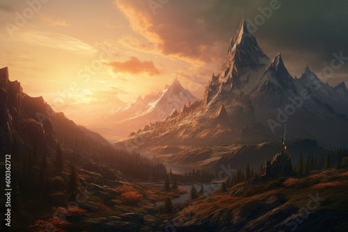 Lonely mountain landscape sunset. Generate Ai