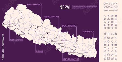 Detailed map of Nepal with administrative divisions on dark background, country big cities and icons set, vector illustration