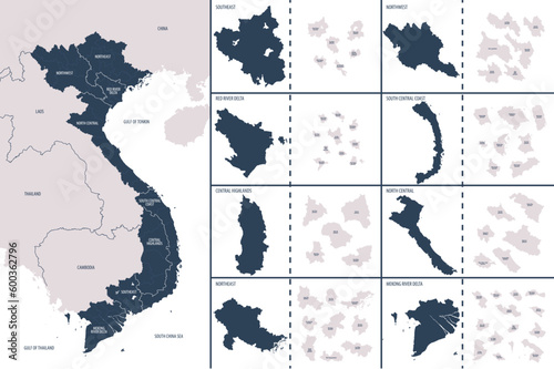 Vector color detailed map of Vietnam with administrative divisions of the country, each regions is presented separately in-highly detailed and divided into Provinces photo