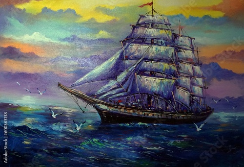  Art painting Oil color barque thailand Lucky sailboat