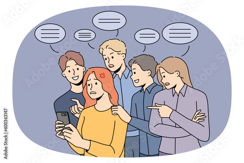 Stressed woman use cellphone have unasked advice from people in background. Unhappy girl feel bothered meddled with public comment and feedback in social media. Vector illustration.