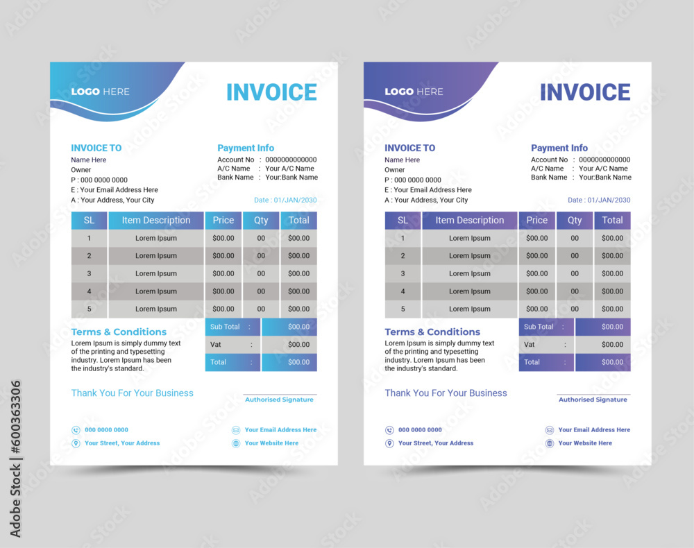 Vector professional and modern invoice template design. Vector professional and modern invoice template design.
