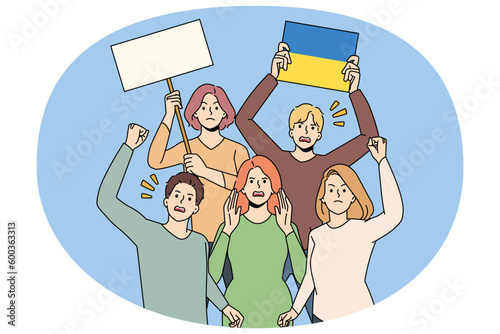 Angry determined people with Ukrainian flags and banners protest against war. Men and women activist on demonstration support Ukraine. Stop war concept. Flat vector illustration.