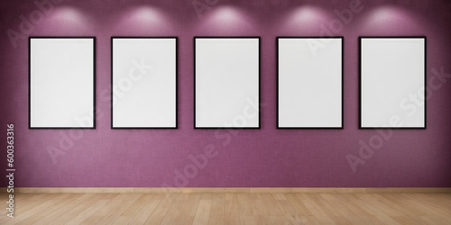 5 cadres vides accrochés sur un mur violet avec des spots, illustration pour intégration, rendu 3d
