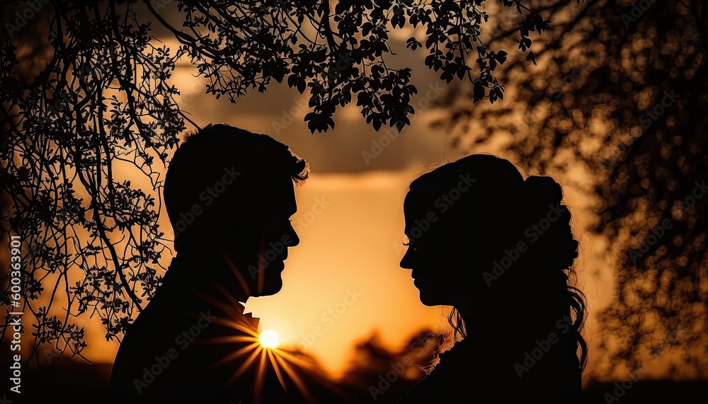 Wedding silhouette of a couple getting married in the sunset 