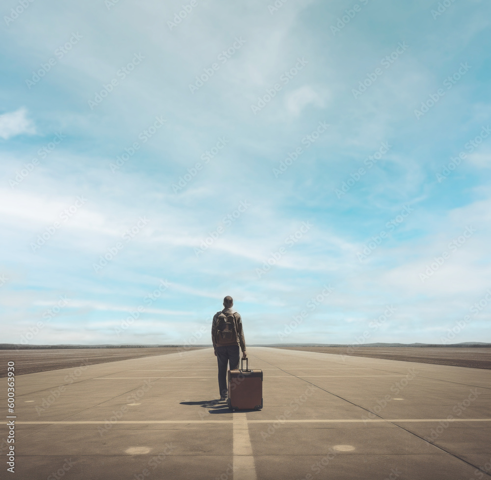 Missing the plane concept, late loneliness man with suitcase on empty airport runway. Generative AI Missing the plane concept, late loneliness man with suitcase on empty airport runway. Generative AI