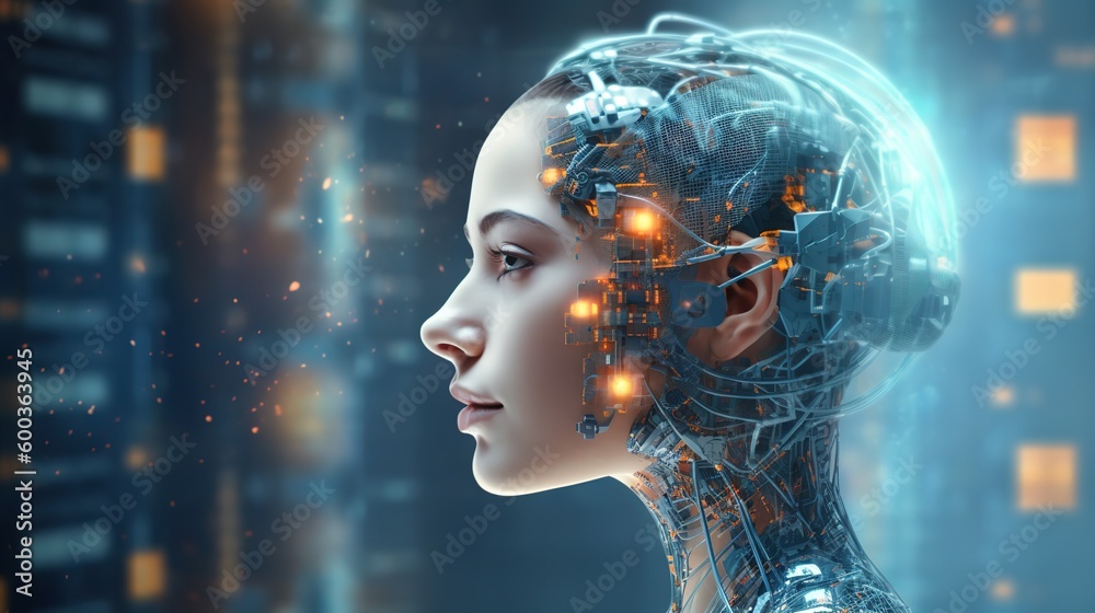 Cyborg bionic girl, machine learning, neural netowk and artificial intelligence, future technology, futuristic sci-fi background. Generative AI. - obrazy, fototapety, plakaty 