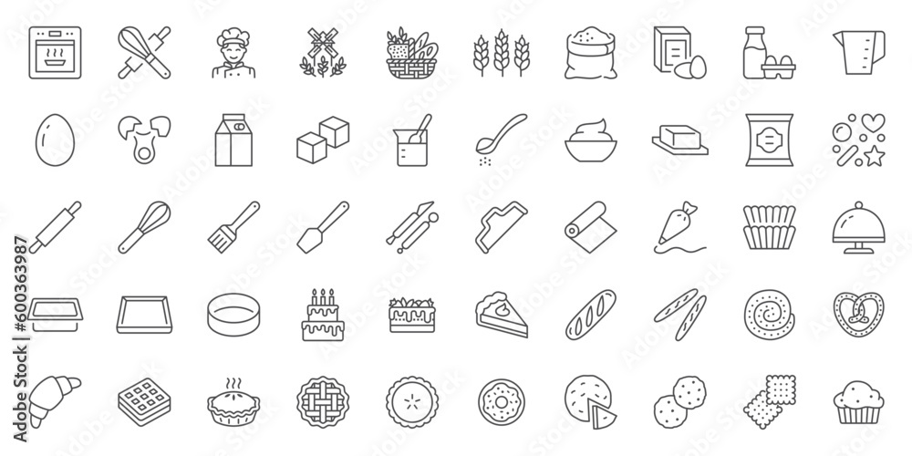 Bakery line icons set. Baking whisk, egg, flour, oven, mill, bread basket, birthday cake, pastry bag, wheat, croissant vector illustration. Outline signs of confectionery sweet food. Editable Stroke - obrazy, fototapety, plakaty 