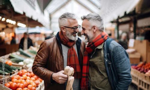 Wallpaper Mural Middle age gay couple smiling in food market, relationship and lifestyle, generaitve AI person Torontodigital.ca