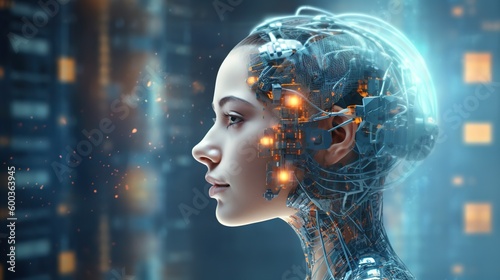 Cyborg bionic girl, machine learning, neural netowk and artificial intelligence, future technology, futuristic sci-fi background. Generative AI.