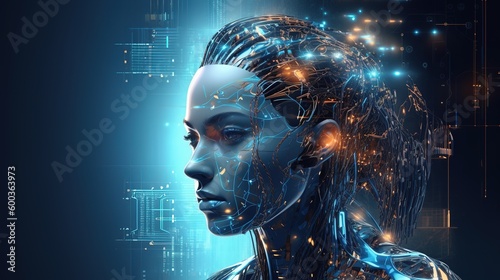 Cyborg bionic girl, machine learning, neural netowk and artificial intelligence, future technology, futuristic sci-fi background. Generative AI.