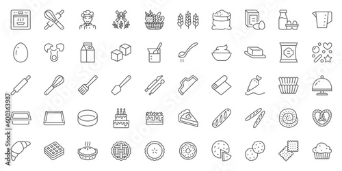 Bakery line icons set. Baking whisk, egg, flour, oven, mill, bread basket, birthday cake, pastry bag, wheat, croissant vector illustration. Outline signs of confectionery sweet food. Editable Stroke