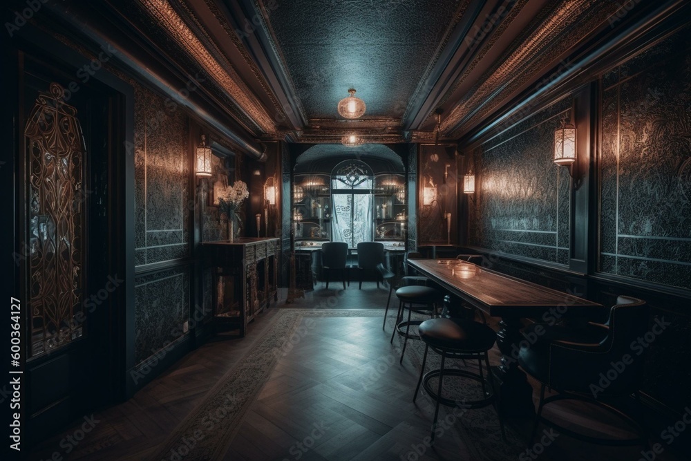 Award-winning silver and dark brown interior with artistic wallpaper, neon lights, and intricate architecture. Generative AI