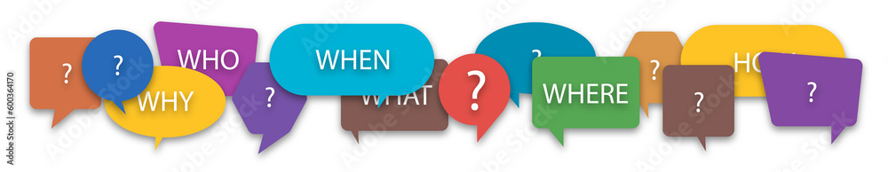 Questions who, what, how, why, for what and where on a colorful speech ...