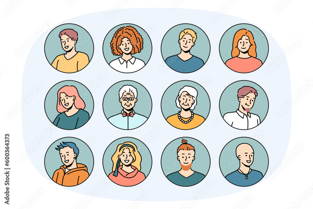 Set of headshot avatars of people of different ages and genders. Head portraits of men and women faces. Collection of young and old generation persons. Diversity. Vector illustration. Set of headshot avatars of people of different ages and genders. Head portraits of men and women faces. Collection of young and old generation persons. Diversity. Vector illustration.