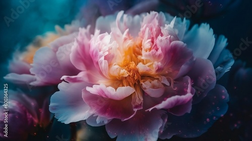 This is a close-up photograph of a peony flower set against a rainbow patchwork background, with a colorful pastel neon mist creating a foggy atmosphere around it. Generative AI