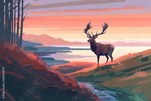 Deer on the mountain landscape illustration