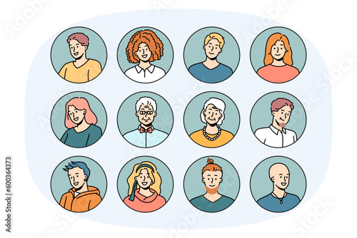 Set of headshot avatars of people of different ages and genders. Head portraits of men and women faces. Collection of young and old generation persons. Diversity. Vector illustration.