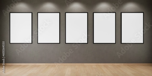 5 cadres vides accrochés sur un mur avec des spots, illustration pour intégration, rendu 3d

