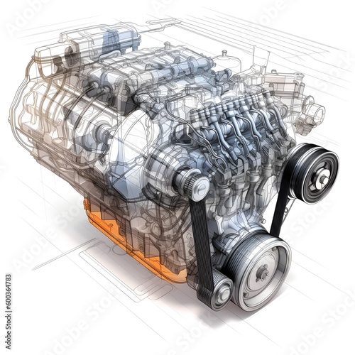 Car engine design plan over white background. Created with Generative AI technology.
