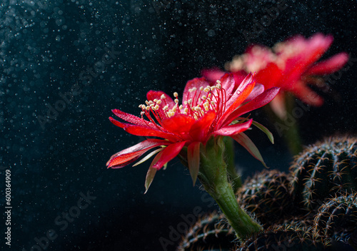 Red cactus flowers bloom wi...