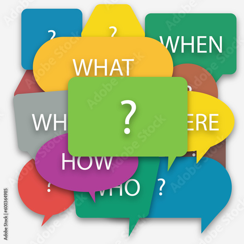 Communication inclusion people concept.  illustration on a white isolated background. Questions who, what, how, why, for what and where on a colorful speech bubble icons.
