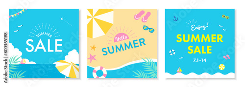 夏のセールのためのベクターイラストセット。夏の海やビーチのイメージ。バナーやポスターに。
