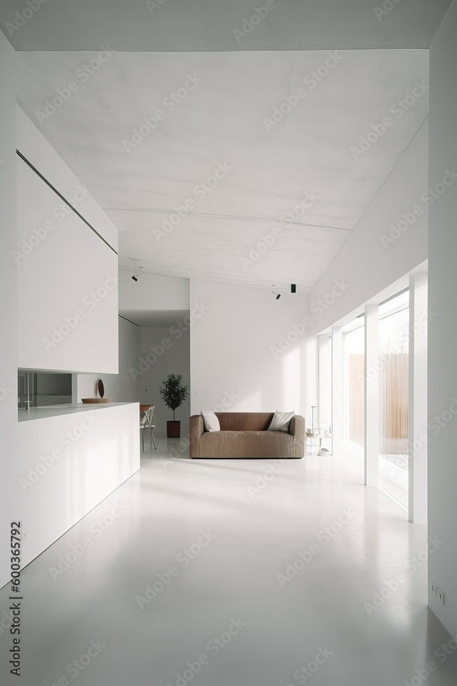 Minimalist interior design with white concrete walls and large windows. Generative Ai