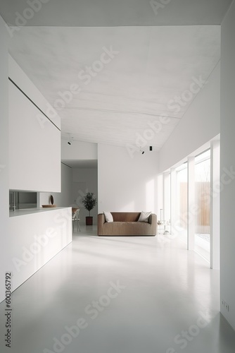 Minimalist interior design with white concrete walls and large windows. Generative Ai