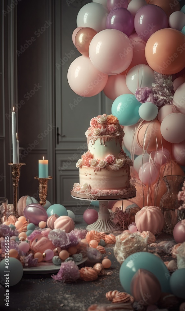Luxury cake and balloons, Sweets, Classic interior, with ornaments.  Generative Ai