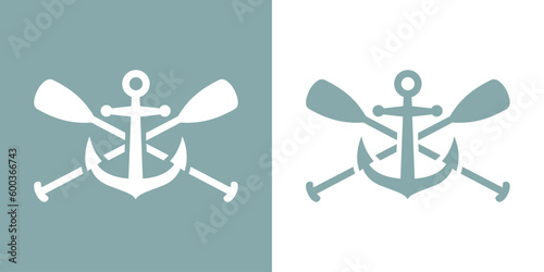 Logo nautical. Silueta de ancla de barco con remos cruzados de kayak, canoa o paddle surf